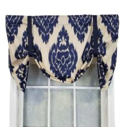 RLF Home Sales 16 RLF Home Flame Large Damask Flame Design Tie-Up Window Treatment Valance 3" Rod Pocket 50" X 23" Navy Blue/Ivory