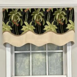 RLF Home Shadow Gimp Trim Detail Printed Palm Glory High Quality Valance 3" Rod Pocket 50" X 16" Ebony Black -RLF Home Sales 80451 EB 1