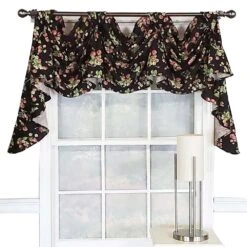 RLF Home Strawberry Fields 3-Scoop Victory Swag For Your Your Home Decor 4" Top Tabs Center 25" Tails 50" X 18" Black -RLF Home Sales 80579 BK