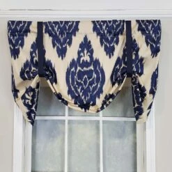 RLF Home Flame Large Damask Flame Design Tie-Up Window Treatment Valance 3" Rod Pocket 50" X 23" Navy Blue/Ivory -RLF Home Sales 80765 BL 1