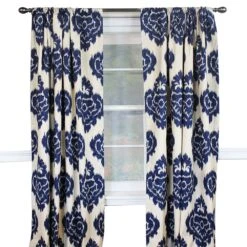 RLF Home Flame Large Damask Flame Design Pair Of Lined Panels 3" Rod Pocket (Pair) Navy Blue/Ivory -RLF Home Sales 80766 84 BL