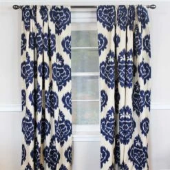 RLF Home Flame Large Damask Flame Design Pair Of Lined Panels 3" Rod Pocket (Pair) Navy Blue/Ivory -RLF Home Sales 80766 96 BL 1