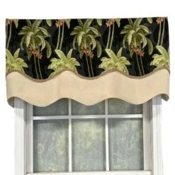 RLF Home Shadow Gimp Trim Detail Printed Palm Glory High Quality Valance 3" Rod Pocket 50" X 16" Ebony Black