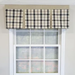 RLF Home 100% Cotton Bison Check Pleated Unlined Windows Rod Pocket Valance 50" X 17" Black