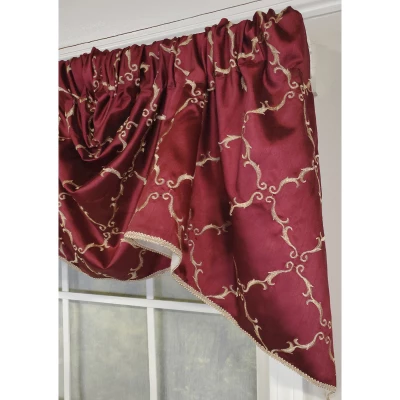 RLF Home 3" Rod Pocket High Quality Fabric Summit Diamond 2-Scoop Empire Valance With Trim For Windows 40" X 25" Wine 4 RLF Home 3" Rod Pocket High Quality Fabric Summit Diamond 2-Scoop Empire Valance With Trim For Windows 40" X 25" Wine - Image 2