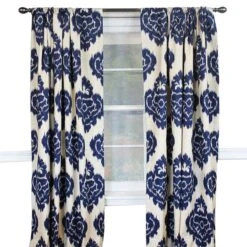 RLF Home Sales 2 RLF Home Flame Large Damask Flame Design Pair Of Lined Panels 3" Rod Pocket (Pair) 100" X 84" Navy Blue/Ivory Navy Blue/Ivory